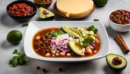 A closeup of a bowl of Mexican soup with avocado, cilantro, red onion, and lime. The soup has a vibrant red color and is garnished with fresh herbs and vegetables.の写真素材
