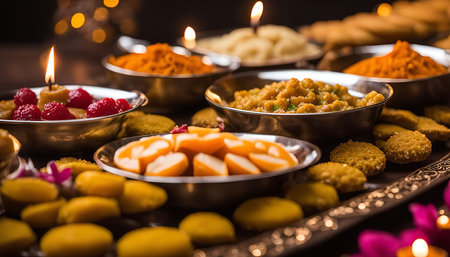 An arrangement of sweets and treats for a Diwali celebration, with candles and flowers adding to the festive atmosphere.の写真素材