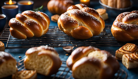A close-up image of freshly baked, golden-brown bread with a flaky crust. The bread is arranged on a cooling rack, and the image captures the warm and inviting aroma of freshly baked bread.の写真素材