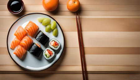 A delectable sushi platter featuring fresh salmon, avocado, and cucumber on a white plate, accompanied by chopsticks and oranges on a wooden table. The composition is visually appealing and suggests a satisfying and flavorful dining experience.の写真素材