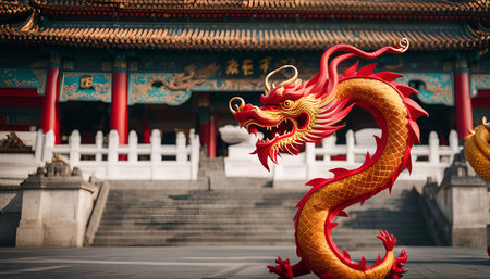 A golden dragon statue stands in front of a traditional Chinese temple. The dragon is a symbol of power and good fortune in Chinese culture. The statue is ornate and detailed, and the temple is a beautiful example of Chinese architecture.の写真素材