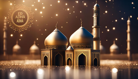 A beautiful depiction of Eid al-Adha, featuring golden mosques adorned with intricate designs and...