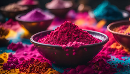 A close-up shot of a vibrant pink powder in a bowl, with other colors of powder in the background, representing the celebration of Holi.の写真素材