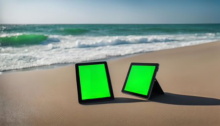 Two tablets sit on a sandy beach with a blue sky and waves in the background. The tablets have green screens. The image conveys a sense of relaxation and a vacation.の写真素材