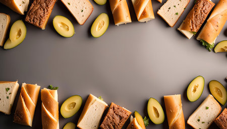 A variety of sandwiches and slices of avocado are arranged around the edges of a gray surface, leaving a blank space in the middle.の写真素材