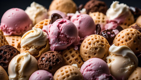 A close-up shot of various ice cream flavors, showcasing a delightful assortment of vanilla, chocolate and strawberry ice cream, all looking incredibly delicious.の写真素材