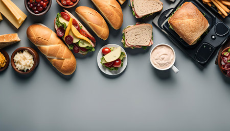 A top view image of assorted sandwiches, a sandwich maker, and various toppings on a gray background.の写真素材
