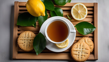 A cup of tea, lemon slices, and biscuits on a wooden tray, a perfect afternoon snack.の写真素材