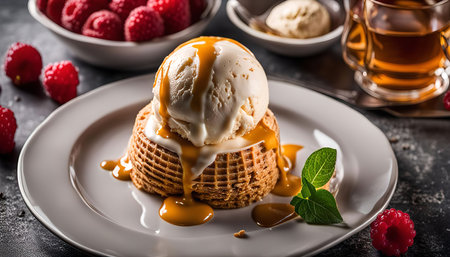 A close-up of a delicious ice cream dessert topped with caramel sauce and served on a white plate....