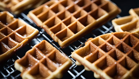 A close-up shot of golden waffles on a cooling rack, with a dark background. The waffles are crispy and delicious, perfect for a breakfast treat.の写真素材