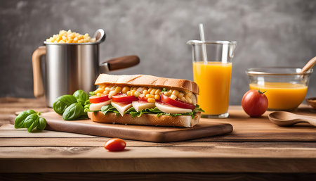 A close-up shot of a delicious sandwich filled with corn, tomato, cheese, and lettuce. It's placed on a wooden table alongside a glass of orange juice, a bowl of soup, and basil leaves, creating a mouthwatering scene.の写真素材