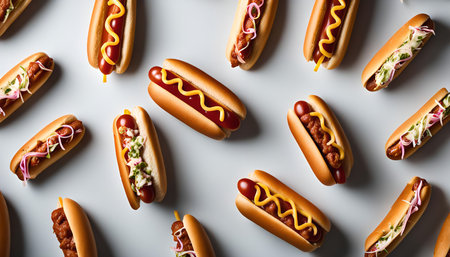 A variety of hot dogs, all with different toppings. The hot dogs are arranged on a white background.の写真素材