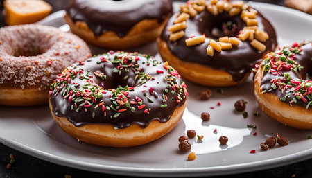 A close-up view of a variety of delicious chocolate glazed donuts with sprinkles on a white plate. The donuts are arranged in a circle, and the image is taken from a high angle.の写真素材