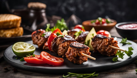 Close-up of grilled meat skewers with lime and tomatoes on a black plate. Delicious and appetizing.の写真素材
