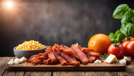 A close-up image of a wooden cutting board with crispy bacon, fresh tomatoes, an orange, basil, and cheese. The ingredients are arranged in a visually appealing way.の写真素材