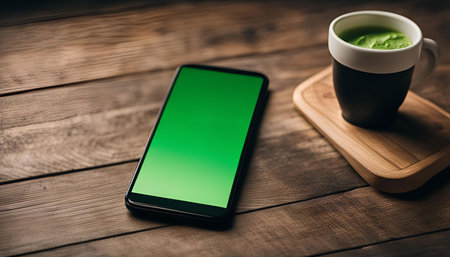 A smartphone with a green screen lies on a wooden table next to a cup of matcha tea. The photo is a still life with a minimal and modern aesthetic.の写真素材