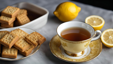 A cup of tea with lemon and cookies on a tableの写真素材