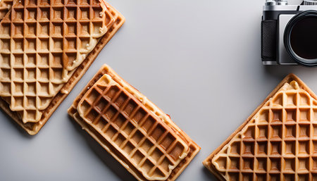 Three waffles and a camera arranged on a gray background. A simple and bright image perfect for a food blog.の写真素材