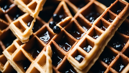Close-up of golden waffles topped with syrup and blueberries. A perfect sweet treat for any breakfast.の写真素材