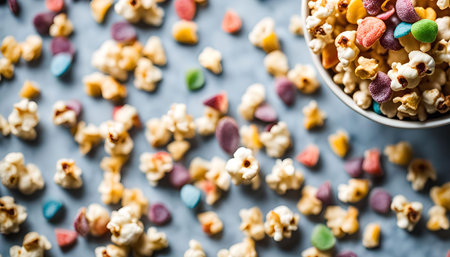 A bowl of popcorn with colorful candy sprinkles on a blue background.の写真素材