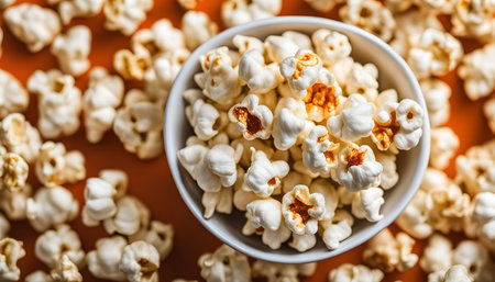 A bowl full of popcorn ready to be enjoyed. This picture features a bowl of popcorn close-up with a background of more popcorn.の写真素材