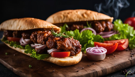 Close-up of a mouthwatering meatball sub with fresh vegetables, perfectly grilled and ready to be enjoyed.の写真素材