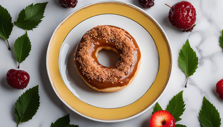 Close up shot of a delicious caramel and coconut topped donut on a white plate, surrounded by leaves and berriesの写真素材