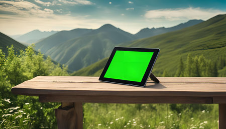 A tablet computer rests on a wooden table with a stunning mountain view in the background. The lush green landscape and blue sky create a serene atmosphere, inviting relaxation and contemplation.の写真素材