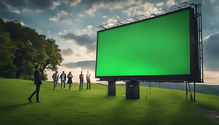 People are standing and walking on a grassy field, looking at a large, green billboard.の写真素材