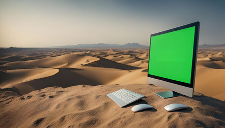 A desktop computer with a green screen sits on a sand dune in the desert, against a backdrop of rolling dunes and a clear blue sky.の写真素材