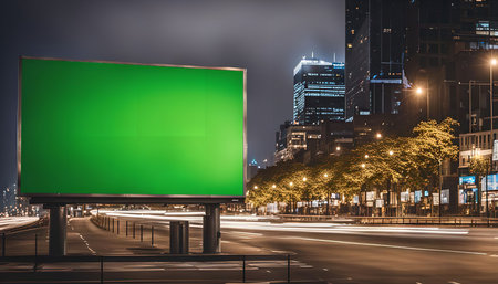 A large green billboard stands in the middle of a busy city street at night. The billboard is blank, offering a blank canvas for advertising. The street is lined with buildings and trees, and the lights of the city create a glow in the sky.の写真素材