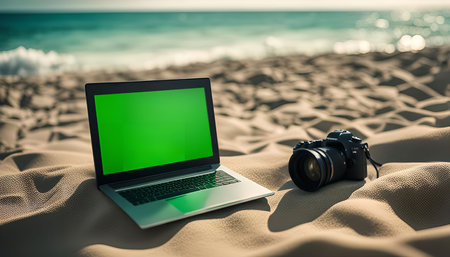 A laptop and a camera on a beach with the ocean in the background. The laptop has a green screen and the camera is lying on the sand. The photo has a bright and sunny feel.の写真素材