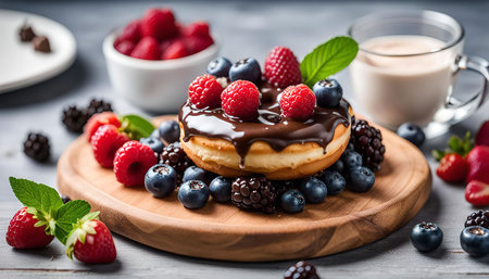 A chocolate donut topped with fresh berries and a drizzle of chocolate, on a wooden board, with additional fresh berries.の写真素材