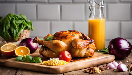 A roasted chicken on a wooden cutting board, surrounded by fresh vegetables and a glass of juice. The chicken is golden brown and glistening, with a crispy skin. The vegetables are vibrant and colorful, adding a pop of freshness to the image.の写真素材