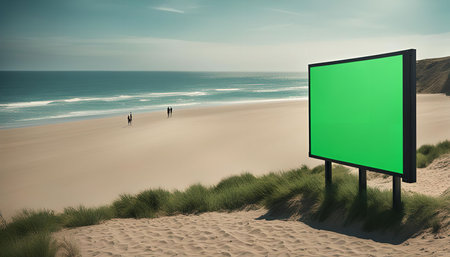 A green screen billboard stands on a sandy beach with the ocean in the background.の写真素材