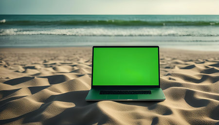 A laptop with a green screen is lying on the beach with the ocean in the background.の写真素材