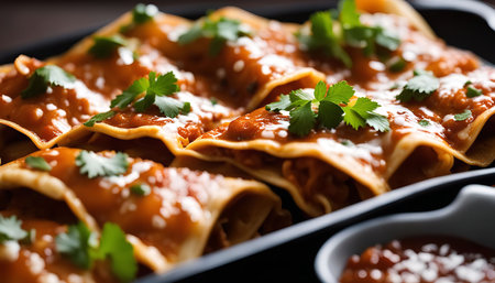 A close up of a plate of enchiladas topped with cilantro and salsa, ready to be enjoyed. The enchiladas have a warm, rich red color from the sauce and look delicious.の写真素材