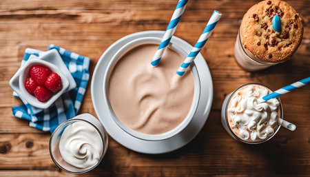 A delicious assortment of milkshakes and desserts. A chocolate milkshake with whipped cream, a vanilla milkshake with whipped cream, and a cookie topped with a blue candy. The milkshakes are in glasses with straws and served on a wooden tableの写真素材