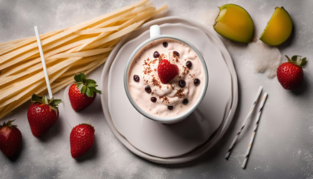 A pink smoothie topped with whipped cream, chocolate chips, a strawberry heart, and cinnamon. The smoothie is surrounded by fresh strawberries and two straws.の写真素材