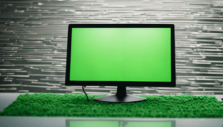 A green screen monitor sits on a desk with a green mat, ideal for video production and editing.の写真素材