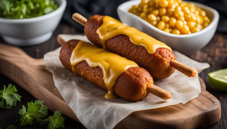A close-up shot of two corn dogs drizzled with melted cheese, set on a wooden board with parchment paper, creating a delicious and visually appealing scene.の写真素材
