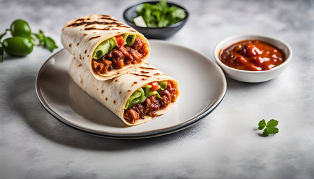 A mouthwatering burrito filled with savory ingredients, accompanied by a vibrant sauce and fresh garnish.の写真素材