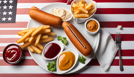 A close up of a classic American food platter with hot dogs, fries, ketchup, mustard and other condiments on a plate in front of the American flag.の写真素材