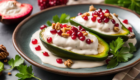 Two halves of avocado filled with cream cheese, topped with pomegranate seeds, walnuts and parsley, served on a plate.の写真素材