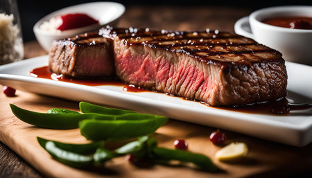Close up of a grilled steak on a white plate, showing the juicy and flavorful steak. The steak has a beautiful sear and is surrounded by sauce, creating a mouthwatering presentation.の写真素材