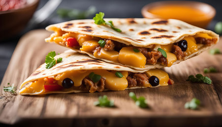 Two golden brown quesadillas with melted cheese, meat, and vegetables on a wooden board.の写真素材