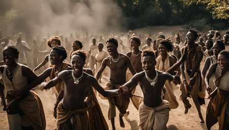 The image captures a vibrant moment of joyous celebration within an African tribe, showing their rich traditions and strong sense of community.の写真素材