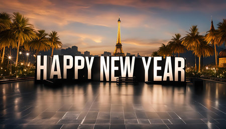 A nighttime view of the Eiffel Tower in Paris, with the words 'Happy New Year' in large letters in the foreground. The sky is lit with a warm orange glow from the setting sun, and the city lights twinkle in the distance.の写真素材