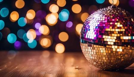 A large disco ball sits on a wooden table against a backdrop of brightly blurred multicolored lights. The scene evokes a sense of fun and celebration.の写真素材