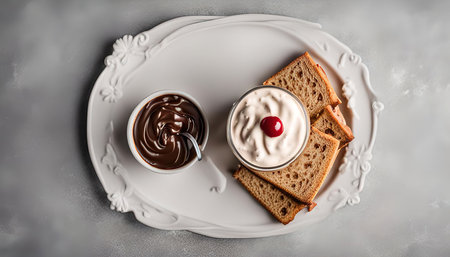 A white plate with a bowl of chocolate, a glass of whipped cream topped with a cherry, and slices of toastの写真素材